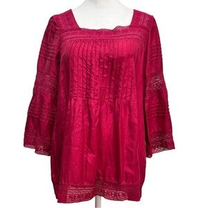 Sundance 100/% Silk Red Bell Sleeve Blouse with Embellished Pleats SZ M